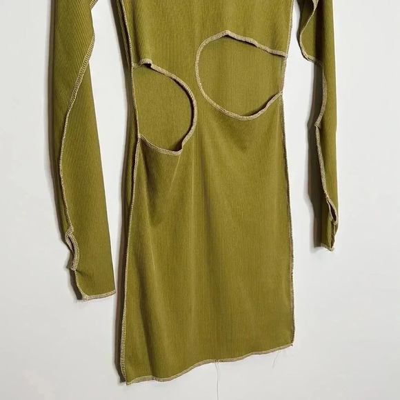 Pretty Little Things Olive Ribbed Contrast Stitch Cut Out Long Sleeve Dress - Picture 7 of 12